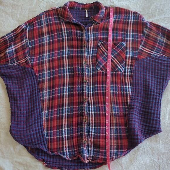 Free People Shirt Medium Red & Blue Plaid Long Sleeve Guaze Knit Tunic Button-up - Picture 5 of 7
